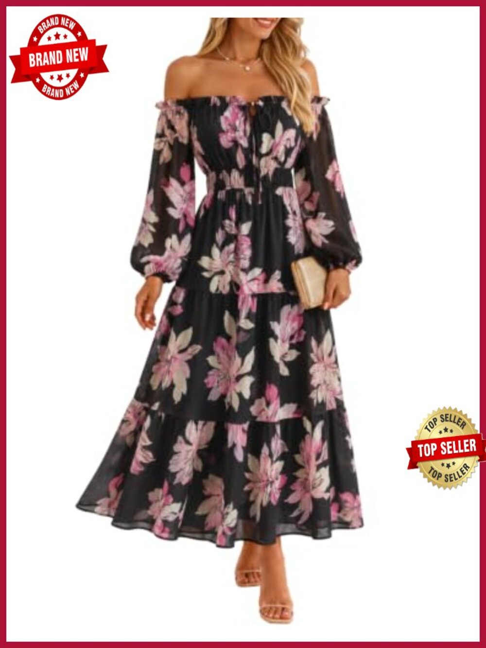 Floral Chiffon A-Line Maxi Dress Long Sleeve Pockets Off Shoulder